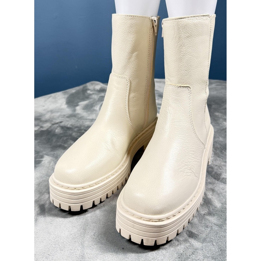 Roolee Boots Womens Size 8 White Leather Platform Lug Sole Mid Calf Side Zip